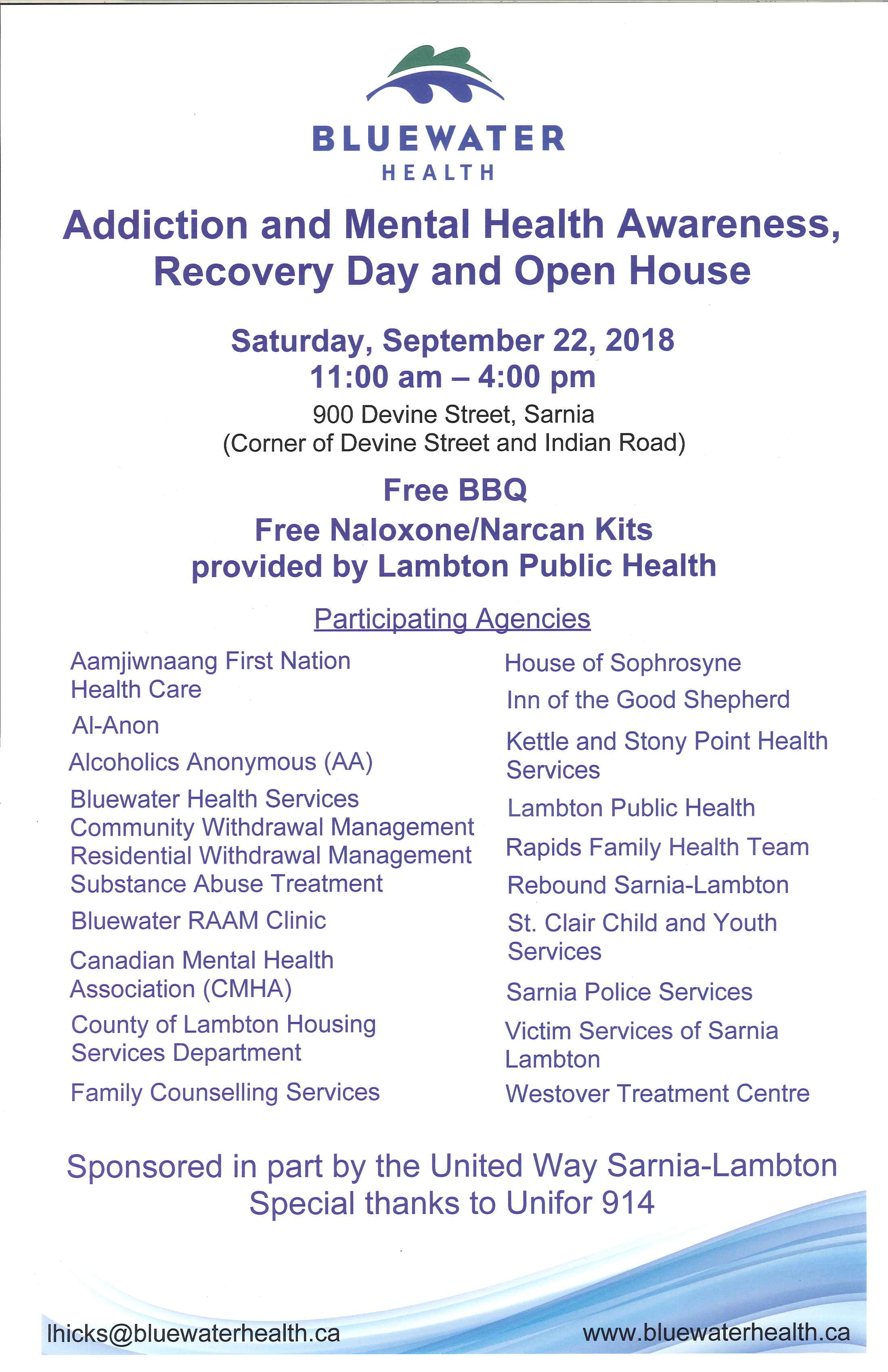 Bluewater Health Addiction & Mental Health Awareness, Recovery Day and Open House
